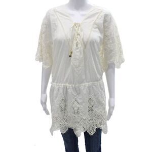Suboo Womens Tunic Blouse White Cotton V Neck Lace Up Short Sleeve Size S